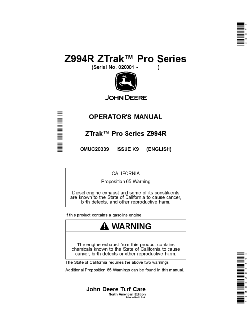 John Deere Z994R ZTrak Pro Series Mowers OMUC20339 Operation and Maintenance manual PDF Download