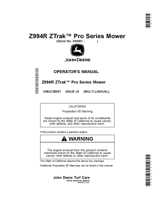 John Deere Z994R ZTrakTM Pro Series Mower 030001 OMUC28937 Operation and Maintenance manual PDF Download