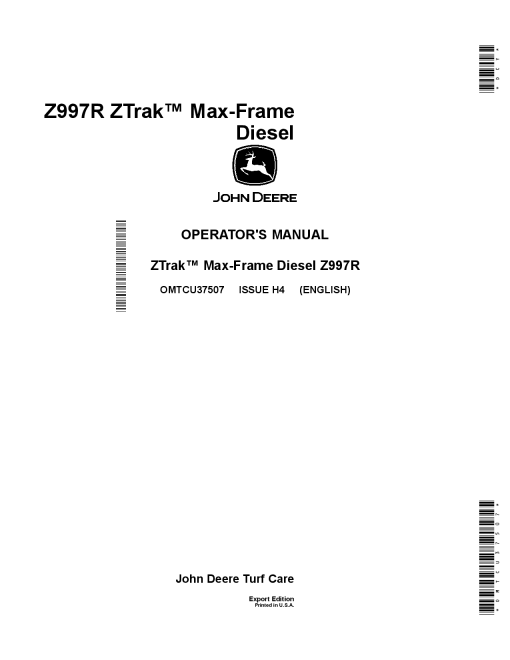 John Deere Z997R Diesel Max Frame ZTrak Export Edition 010001 OMTCU37507 Operation and Maintenance manual PDF Download