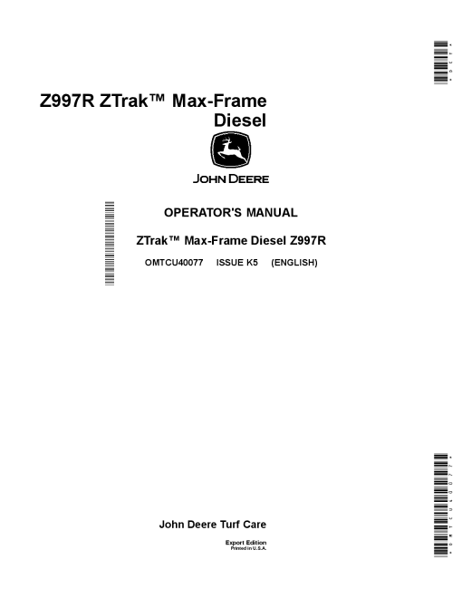 John Deere Z997R Diesel Max Frame ZTrak Export Edition 020001 OMTCU40077 Operation and Maintenance manual PDF Download