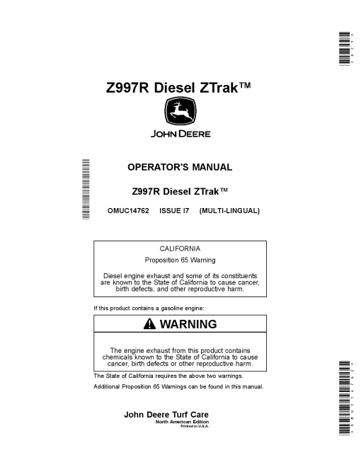 John Deere Z997R Diesel Ztrak Mowers OMUC14762 Operation and Maintenance manual PDF Download