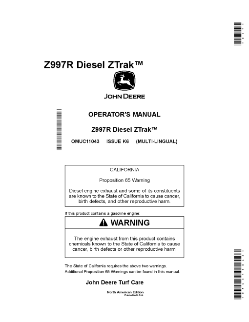 John Deere Z997R Diesel Ztrak North American Edition OMUC11043 Operation and Maintenance manual PDF Download