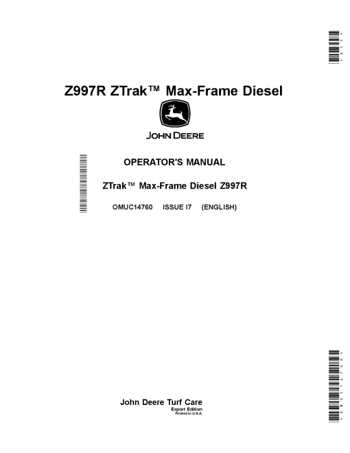 John Deere Z997R ZTrak Max Frame Diesel OMUC14760 Operation and Maintenance manual PDF Download