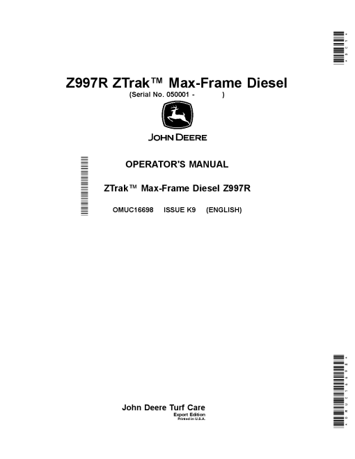 John Deere Z997R ZTrakTM Max Frame Diesel Mower Yanmar 3TNV88C Engine OMUC16698 Operation and Maintenance manual PDF Download