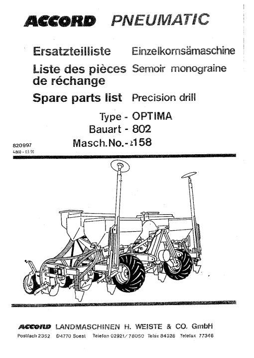 Accord Pneumatic_Optima_802 Seed_drill Parts manual catalog PDF Download