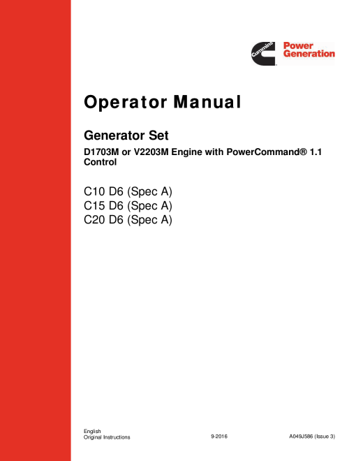 Cummins C10 D6, C15 D6, C20 D6 with D1703M or V2203M Kubota Operator manual PDF Download