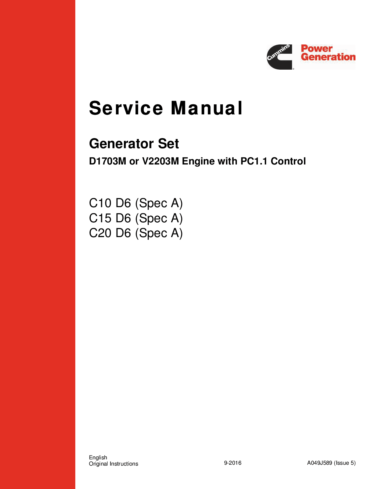 Cummins C10 D6, C15 D6, C20 D6 with D1703M or V2203M Kubota Service Manual PDF Download
