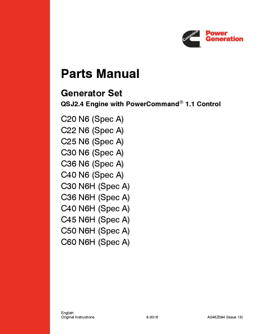 Cummins C20 N6 - C60 N6H With QSJ2.4 Engine, PC1.1 Control Parts Manual PDF Download