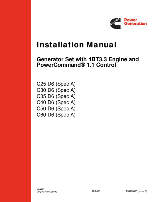Cummins C25 D6, C30 D6, C35 D6, C40 D6, C50 D6, C60 D6 4BT3.3 Installation Manual PDF Download