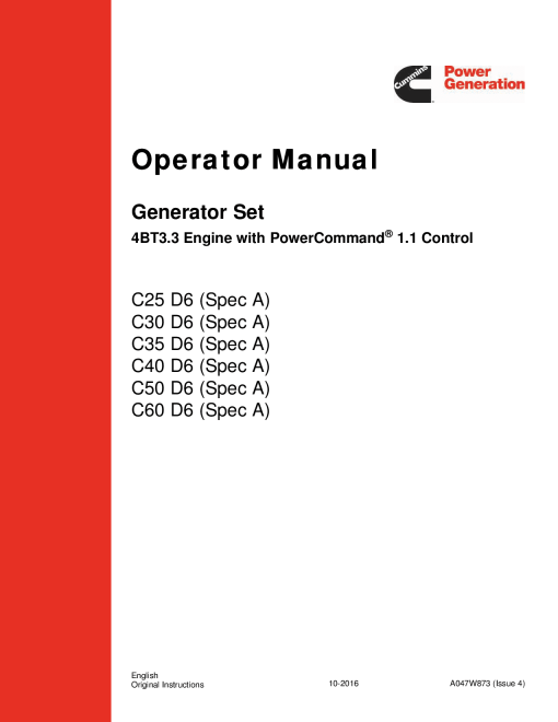 Cummins C25 D6, C30 D6, C35 D6, C40 D6, C50 D6, C60 D6 4BT3.3 Operator manual PDF Download