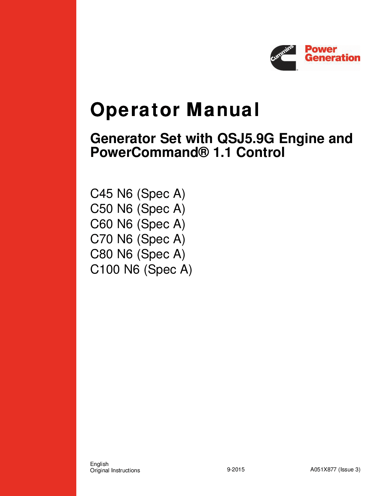 Cummins C45 N6, C50 N6, C60 N6, C70 N6, C80 N6, C100 N6 QSJ5.9G engine Operator Manual PDF Download