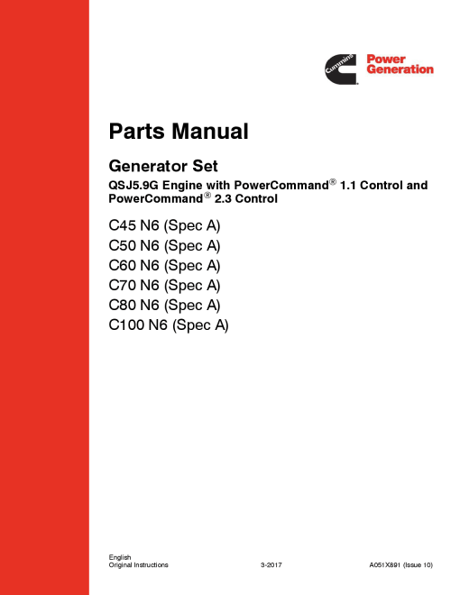 Cummins C45 N6, C50 N6, C60 N6, C70 N6, C80 N6, C100 N6 QSJ5.9G engine Parts Manual PDF Download