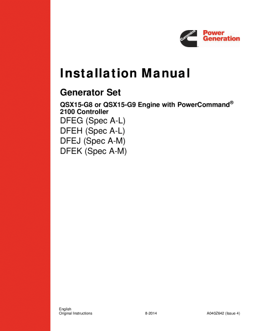 Cummins DFEG-K with QSX15 Engine, PCC 2100 Installation Manual PDF Download