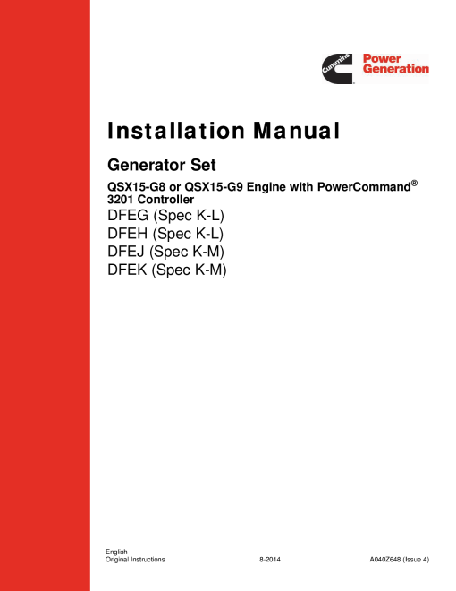 Cummins DFEG-K with QSX15 Engine, PCC 3201 Installation Manual PDF Download