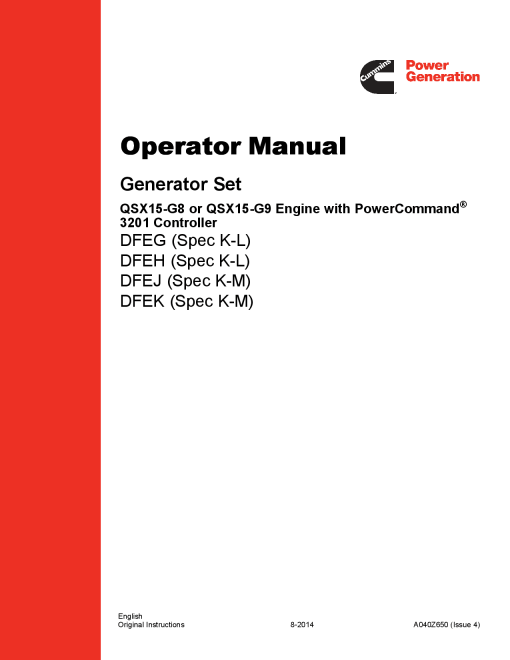 Cummins DFEG-K with QSX15 Engine, PCC 3201 Operator manual PDF Download