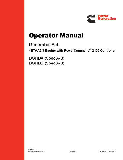 Cummins DGHDA-B with 4BTAA3.3 Engine, PCC2100 Operator manual PDF Download