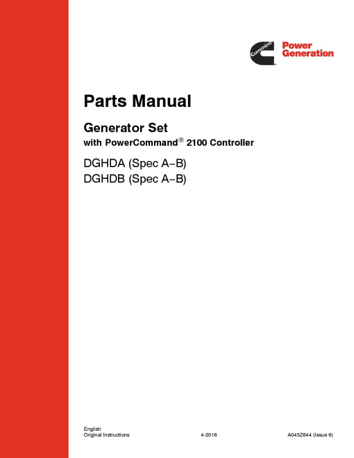 Cummins DGHDA-B with B3.3 Engine, PCC 2100 Parts Manual PDF Download