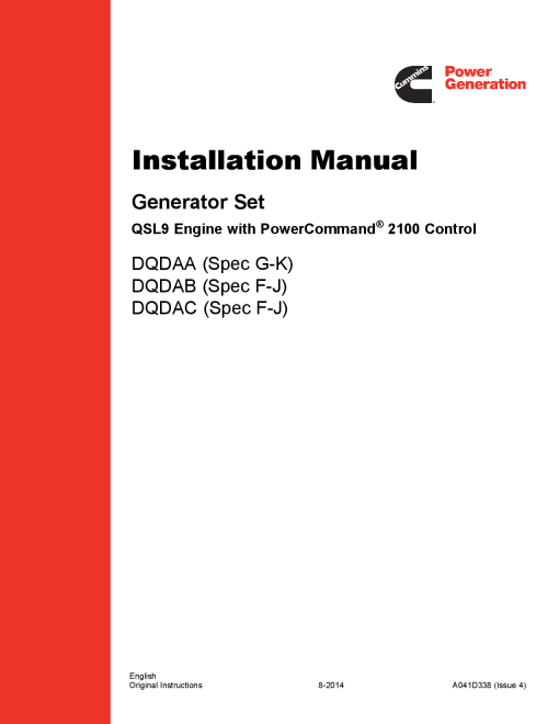 Cummins DQDAA-C with QSL9 Engine, PCC 2100 Installation Manual PDF Download