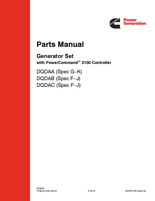 Cummins DQDAA-C with QSL9 Engine, PCC 2100 Parts Manual PDF Download