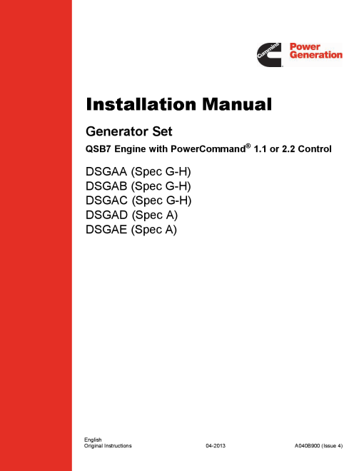 Cummins DSGAA-E with QSB7 Engine, PC 1.1 or PC 2.2 Installation Manual PDF Download
