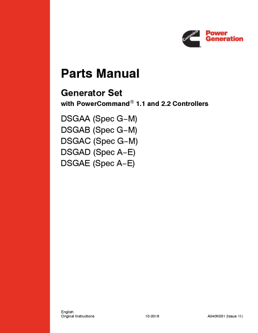 Cummins DSGAA-E with QSB7 Engine, PC 1.1 or PC 2.2 Parts Manual PDF Download