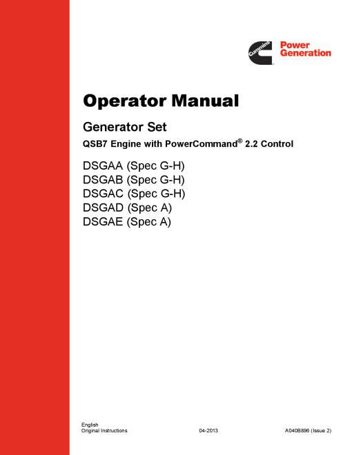 Cummins DSGAA-E with QSB7 Engine, PC 2.2 Operator manual PDF Download