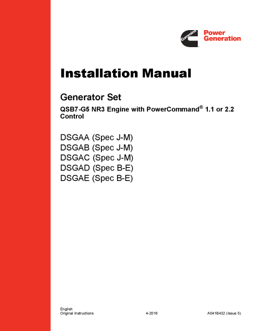 Cummins DSGAA-E with QSB7 Engine, PC1.1 or PC2.2 Installation Manual PDF Download