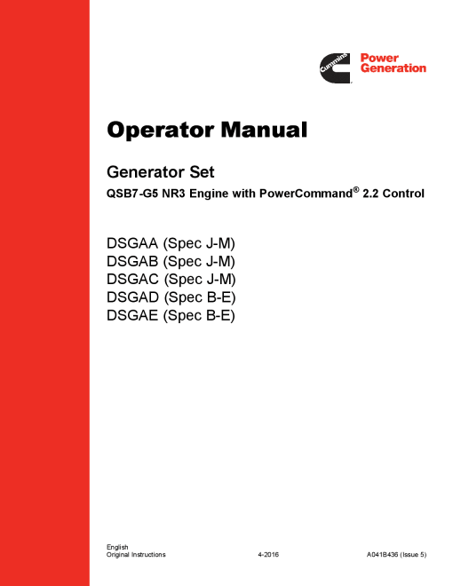 Cummins DSGAA-E with QSB7 Engine, PC2.2 Operator manual PDF Download