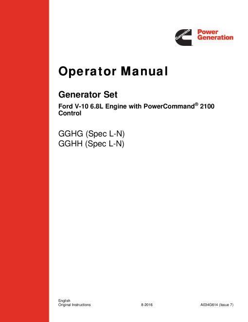 Cummins GGHG-H with WSG-1068 Engine, PCC 2100 Operator manual PDF Download