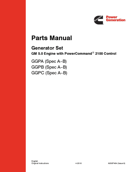 Cummins GGPA-C with GM 5.0L Engine, PCC 2100 Parts Manual PDF Download