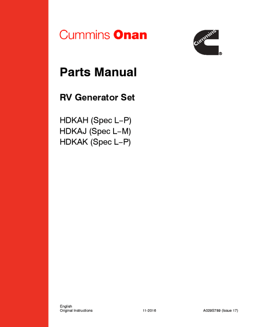 Cummins HDKAH-K, RV QD, 6-8 kW Parts Manual PDF Download