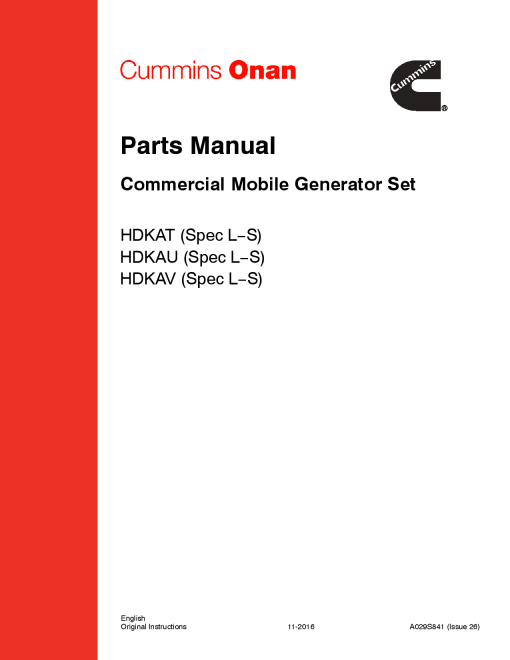 Cummins HDKAT-V, Commercial Mobile QD, 8-10 kW Parts Manual PDF Download
