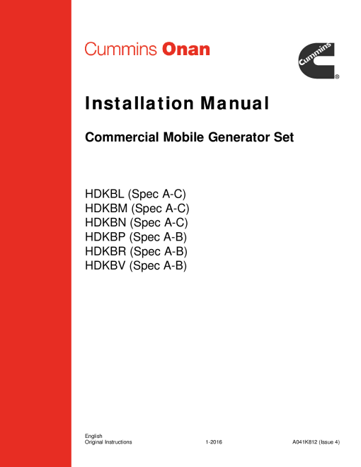 Cummins HDKBL-V, Commercial QD, 7-19kW Installation Manual PDF Download