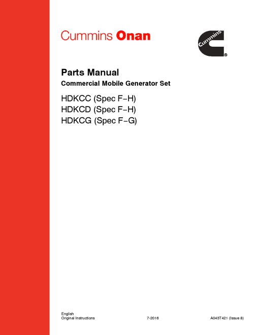 Cummins HDKCC-G, Commercial QD, 8-12 kW Parts Manual PDF Download