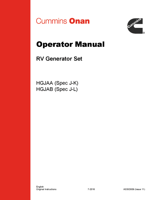 Cummins HGJAA-C, RV QG, 5.5-7 kW Operator manual PDF Download