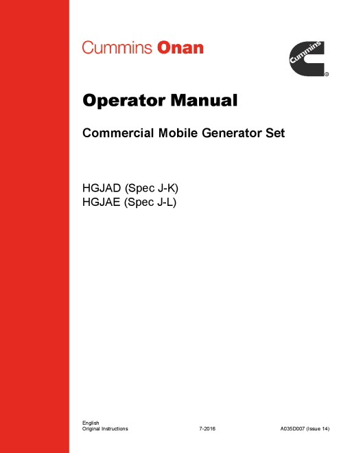 Cummins HGJAD-E, Commercial QG, 5.5-7 kW Operator manual PDF Download