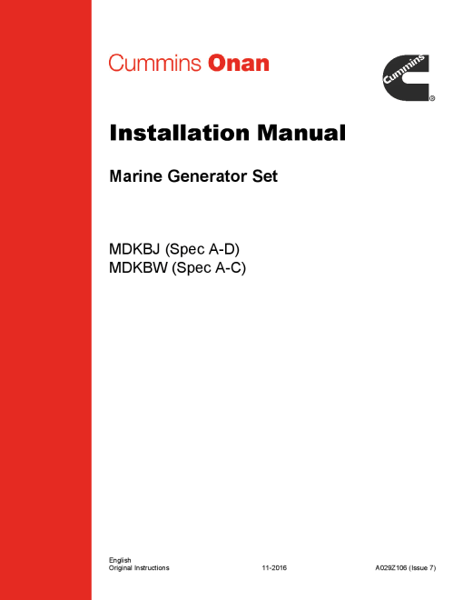 Cummins MDKBJ, MDKBW, Marine, 6.0-7.5 kW Installation Manual PDF Download