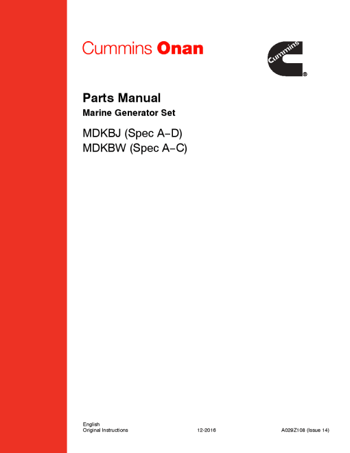 Cummins MDKBJ, MDKBW, Marine, 6.0-7.5 kW Parts Manual PDF Download