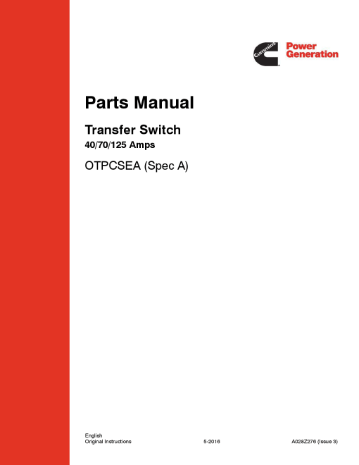 Cummins OTPCSEA Transfer Switch, 40-125 Amps Parts Manual PDF Download