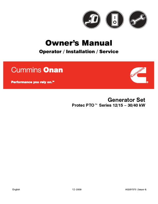 Cummins Protec PTO Series 12-15-30-40 kW, Owner Manual PDF Download