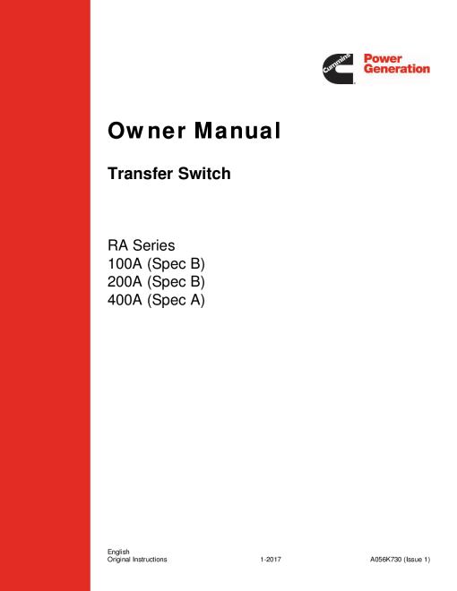 Cummins RA Series Transfer Switch, 100, 200, 400 Amps Owners Manual PDF Download