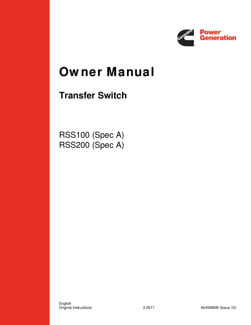 Cummins RSS 100-200 Transfer Switch, 100-200 Amps Owners Manual PDF Download