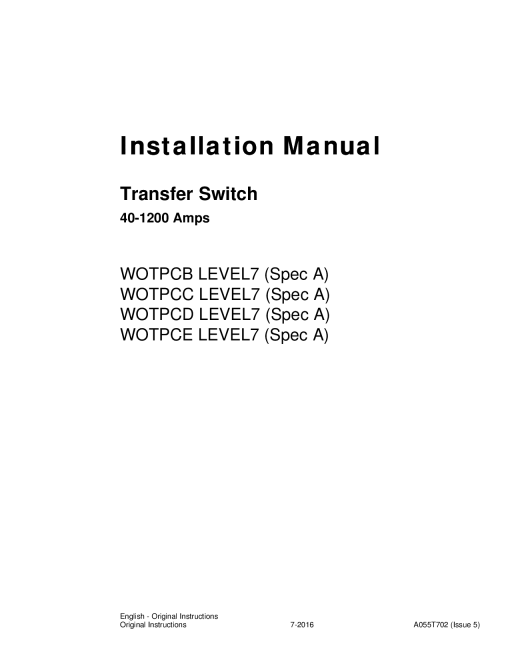 Cummins WOTPCB-E LEVEL7 Transfer Switch, 40-1200 Amps Installation Manual PDF Download
