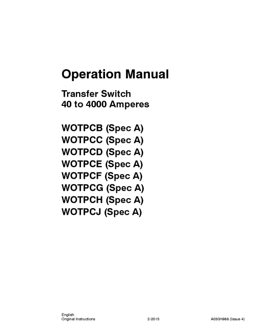 Cummins WOTPCB-J Transfer Switch, 40-4000 Amps Operator manual PDF Download