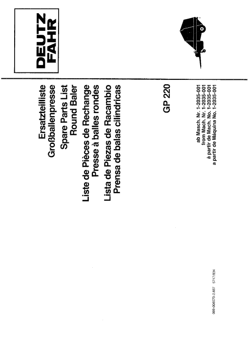 Deutz GP220 Baler Parts manual catalog PDF Download