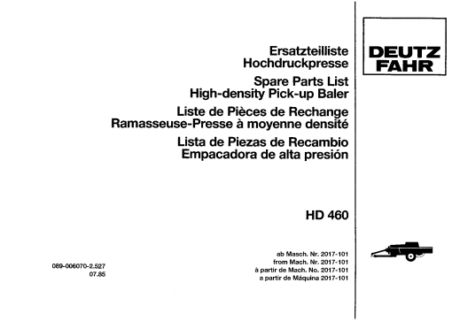 Deutz HD-460 Baler Parts manual catalog PDF Download