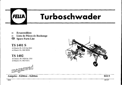 Fella TS1401S_1402_2004 Rotary Swather-Rake Parts manual catalog PDF Download