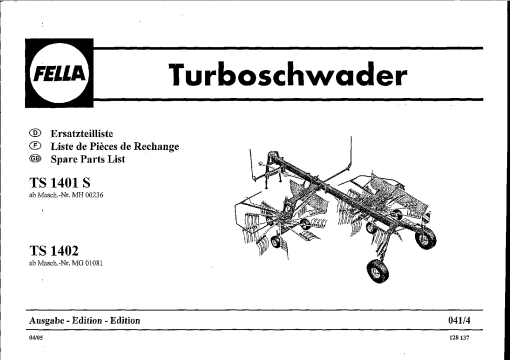 Fella TS1401S_1402_2005 Rotary Swather-Rake Parts manual catalog PDF Download