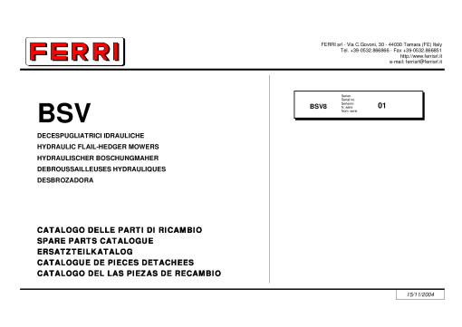 Ferri BSV8 Hydraulic Flail-Hedger Mowers Parts manual catalog PDF Download