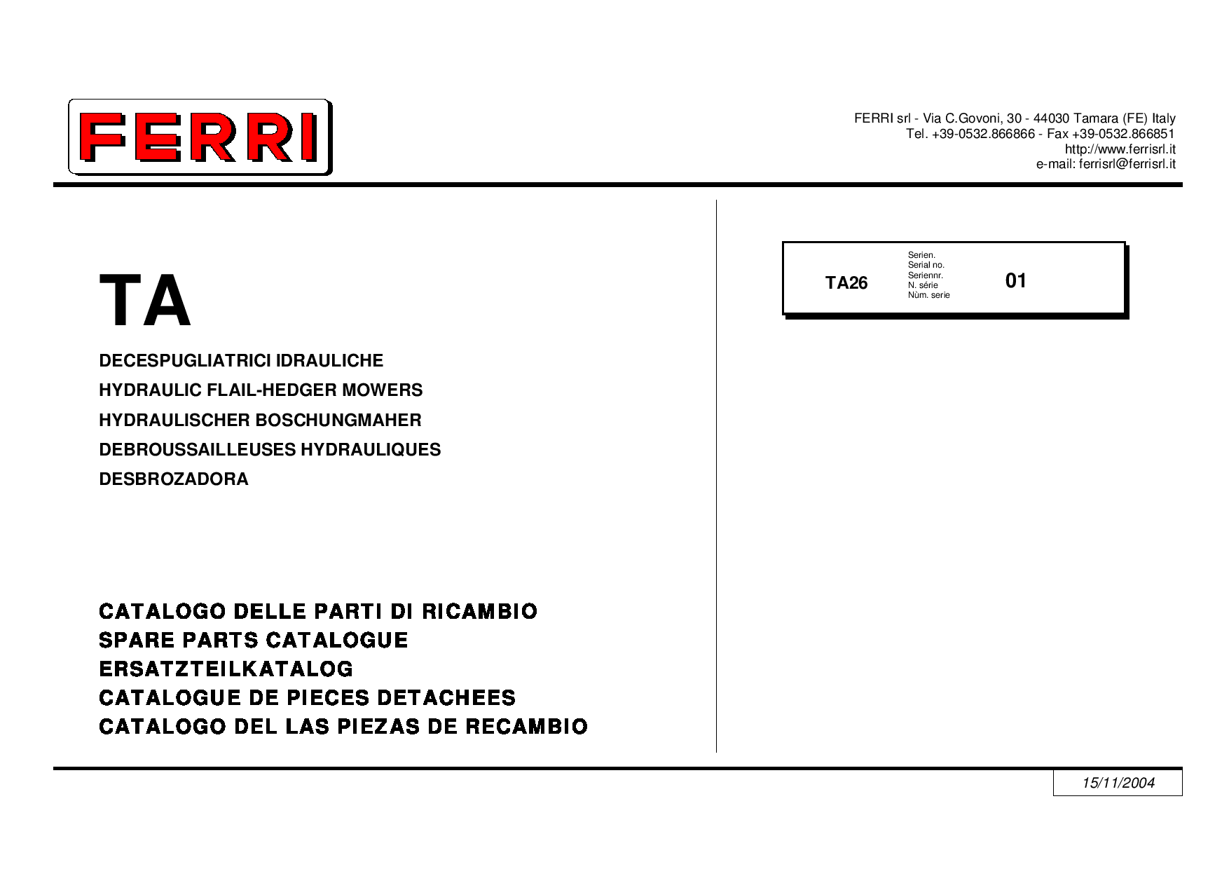 Ferri TA26 Hydraulic Flail-Hedger Mowers Parts manual catalog PDF Download